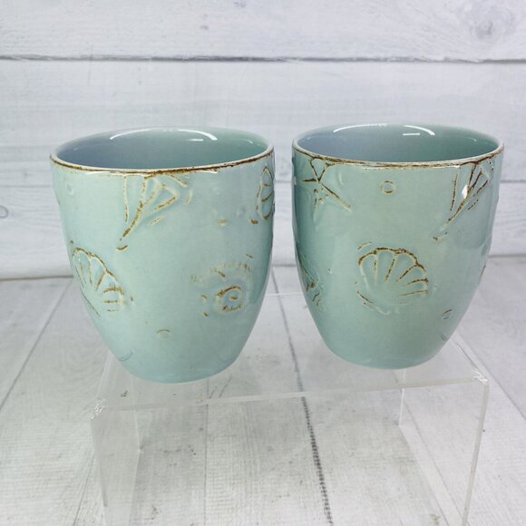 Thomson Pottery CAPE COD Embossed Seashells Stoneware 10.5oz 4"T Cups Mugs Set 2 - Picture 4 of 15